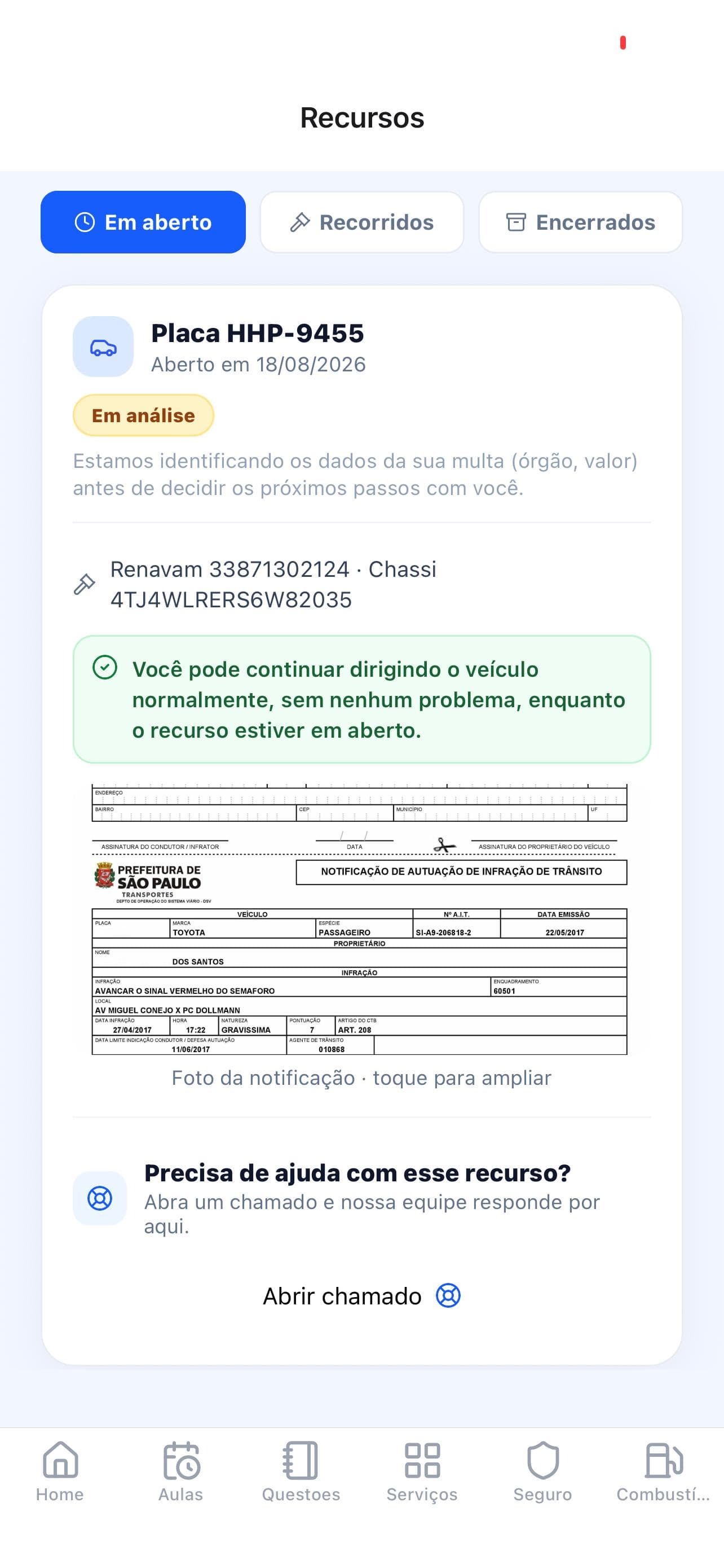 Tela de acompanhamento de um recurso de multa no app iTrevo
